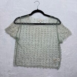 Endless Blu Sheer‎ Beaded Pearl Rhinestone Short Sleeve Top Blouse Size L